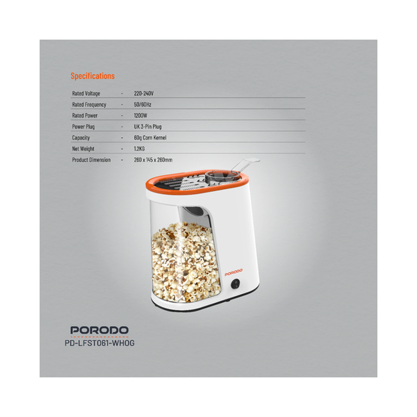 Porodo Lifestyle Air-Popped Popcorn Maker, PDLFST061WHOG