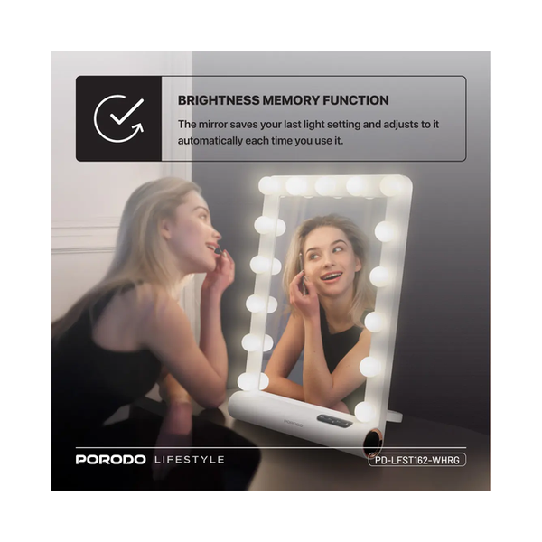 Porodo Lifestyle Hollywood Vanity Lighted Mirror, Bluetooth V5.0, Brightness Memory Function, Smart Touch Control - White/Rose Gold