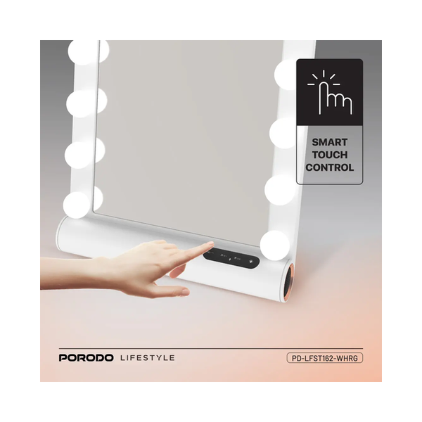 Porodo Lifestyle Hollywood Vanity Lighted Mirror, Bluetooth V5.0, Brightness Memory Function, Smart Touch Control - White/Rose Gold