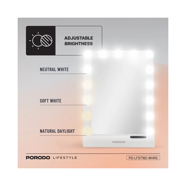 Porodo Lifestyle Hollywood Vanity Lighted Mirror, Bluetooth V5.0, Brightness Memory Function, Smart Touch Control - White/Rose Gold
