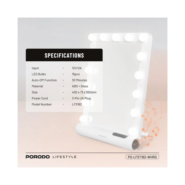 Porodo Lifestyle Hollywood Vanity Lighted Mirror, Bluetooth V5.0, Brightness Memory Function, Smart Touch Control - White/Rose Gold