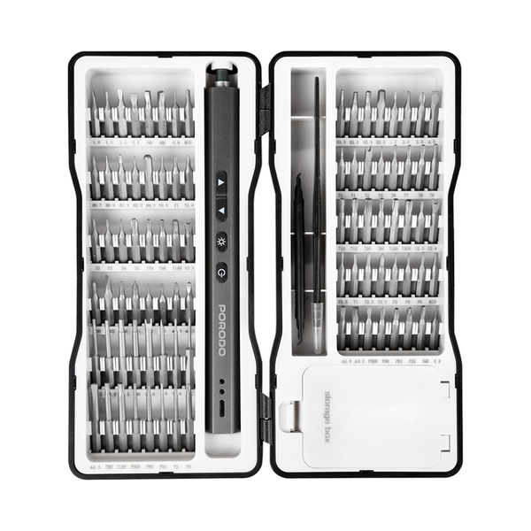 Porodo Techfix 97-in-1 Electric Screwdriver Kit, 3×Built-in LED Light, Magnetic Attachment, Precise, Type-C Charging, 180 Days Standby Time, 320mAh Battery, Type-C Charging Interface