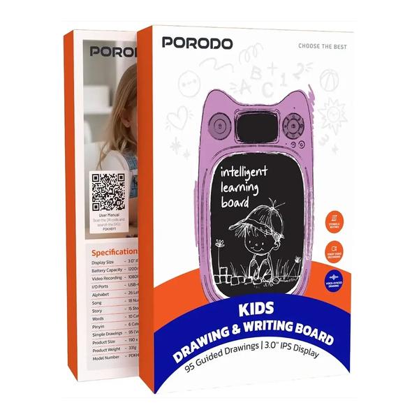 Porodo Kids Drawing & Writing Board with 95 Guided Drawings & 3.0″ IPS Display, Voice-synced Drawing Function, 1080P Video Recording