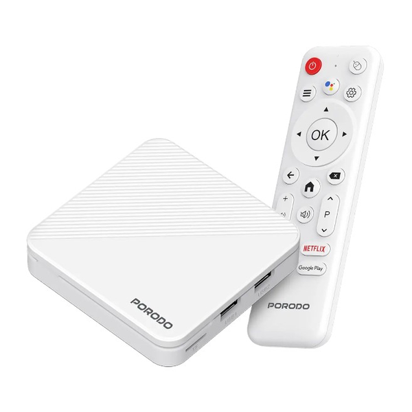 Porodo Echobox Android TV Box with 4K Ultra HD Streaming, Fully supports MBC Shahid, Netflix, Hey Google, YouTube, Hulu, Prime Video, Disney+, Spotify, Pixar, Wi-Fi, 2 USB Ports, TF Slot, Lan, HD/AV Interface, PDH96MAXWH