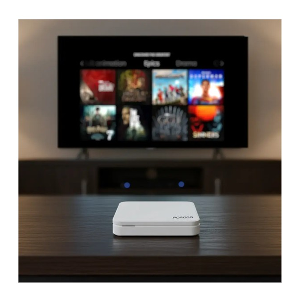Porodo Echobox Android TV Box with 4K Ultra HD Streaming, Fully supports MBC Shahid, Netflix, Hey Google, YouTube, Hulu, Prime Video, Disney+, Spotify, Pixar, Wi-Fi, 2 USB Ports, TF Slot, Lan, HD/AV Interface, PDH96MAXWH