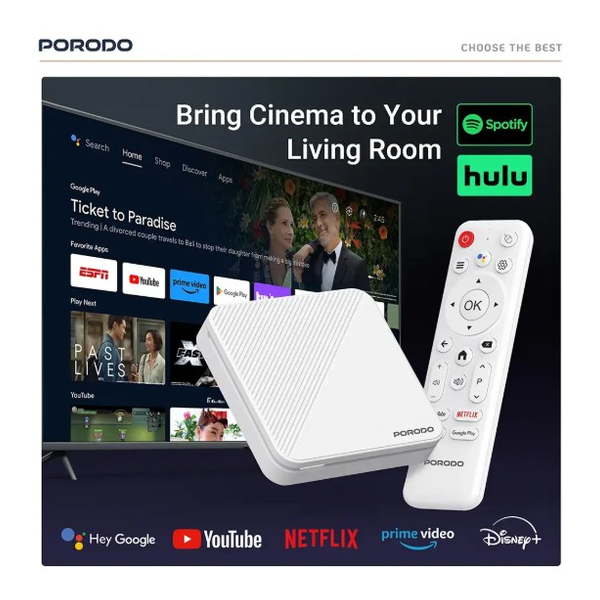 Porodo Echobox Android TV Box with 4K Ultra HD Streaming, Fully supports MBC Shahid, Netflix, Hey Google, YouTube, Hulu, Prime Video, Disney+, Spotify, Pixar, Wi-Fi, 2 USB Ports, TF Slot, Lan, HD/AV Interface, PDH96MAXWH