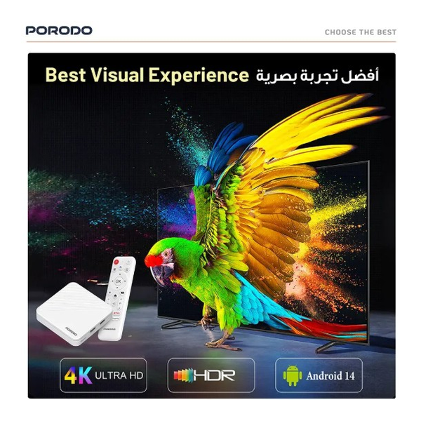 Porodo Echobox Android TV Box with 4K Ultra HD Streaming, Fully supports MBC Shahid, Netflix, Hey Google, YouTube, Hulu, Prime Video, Disney+, Spotify, Pixar, Wi-Fi, 2 USB Ports, TF Slot, Lan, HD/AV Interface, PDH96MAXWH