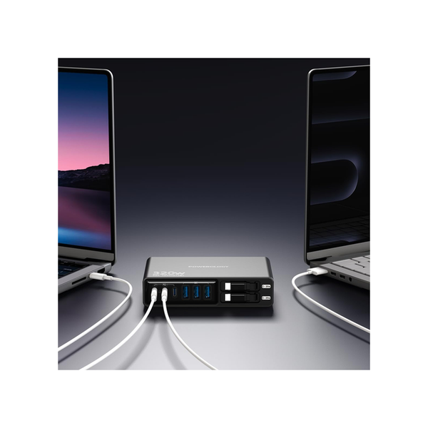 Powerology Univo 320W GaN Charging Station, PD 100W, Laptop Charger, 2 Built-in Type-C Cable, 3×USB-C/ 3×USB-A Ports, Multi-Device Charging, Smart Charging Technology