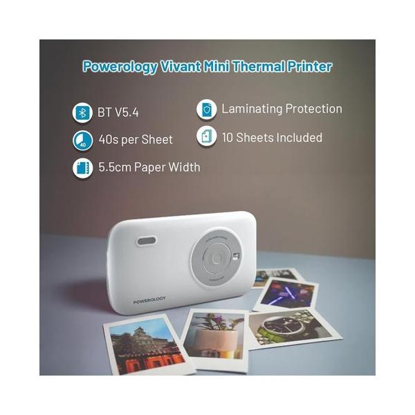 Powerology Vivant Thermal Mini Printer, Portable Bluetooth Wireless Label Maker, Auto Laminating Protection, Small Phone Sticker Compatible with iPhone & Android for Home, Office, Journal, Memo, Includes x 10 Thermal Film, Wireless Bluetooth Connection