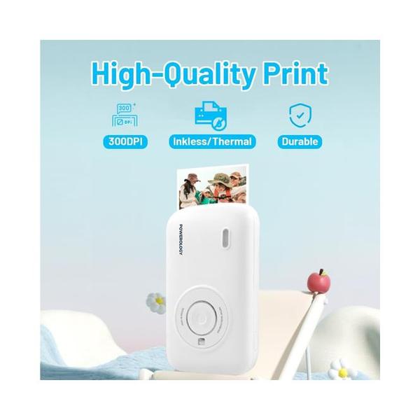 Powerology Vivant Thermal Mini Printer, Portable Bluetooth Wireless Label Maker, Auto Laminating Protection, Small Phone Sticker Compatible with iPhone & Android for Home, Office, Journal, Memo, Includes x 10 Thermal Film, Wireless Bluetooth Connection