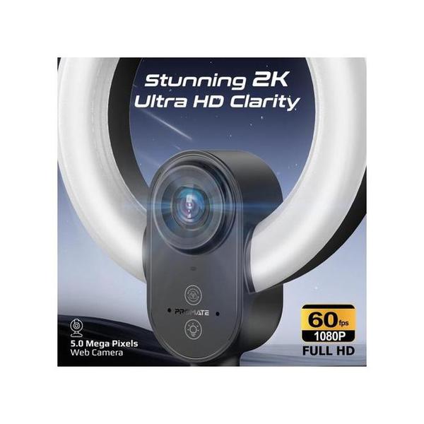 Promate VistaCam 2K Ultra-HD Webcam with Built-in Mic & Ring Light and detachable Tripod