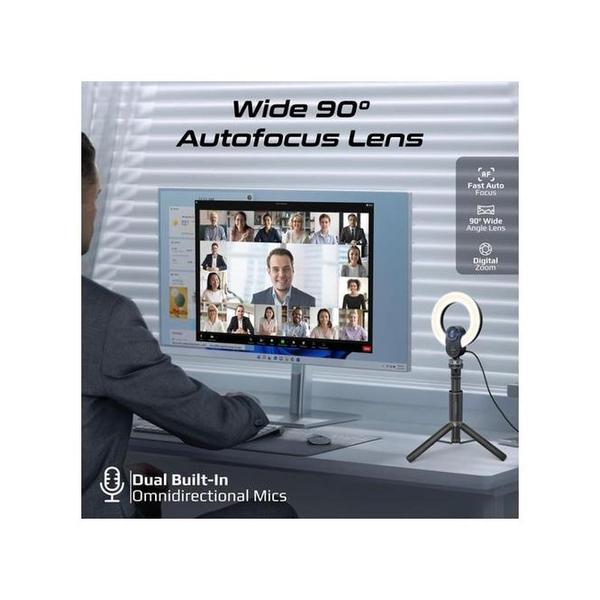Promate VistaCam 2K Ultra-HD Webcam with Built-in Mic & Ring Light and detachable Tripod