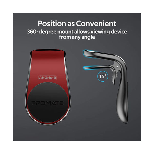 Promate, AirGrip-3 AC Vent Phone Holder, Universal Air Vent Magnetic Holder with Quick Clip Mounting, Secure Vent Grip, Anti-Slip and 360 Degree Rotation Phone Car Mount for Smartphones, GPS