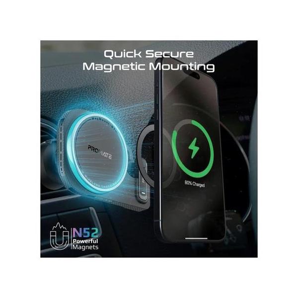Promate MagMount-BT 2-in-1 MagSafe Compatible 15W Wireless Car Charger with Built-in Wireless Mono ENC Earphone