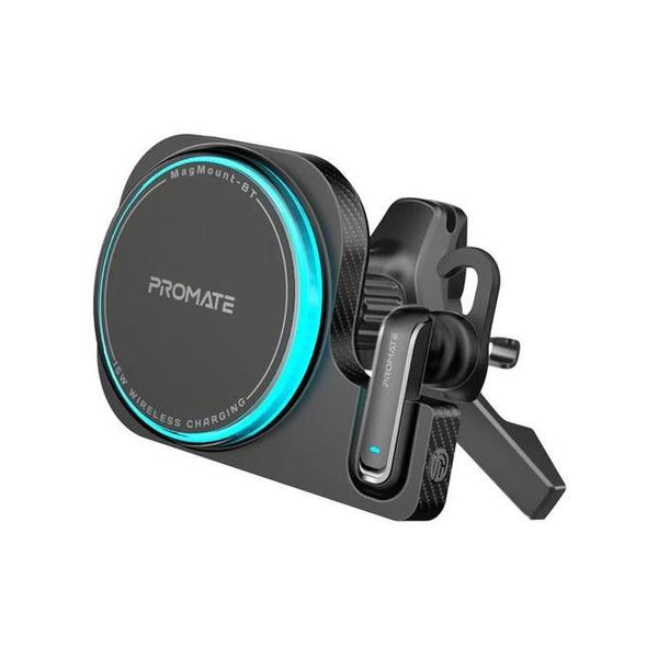 Promate MagMount-BT 2-in-1 MagSafe Compatible 15W Wireless Car Charger with Built-in Wireless Mono ENC Earphone