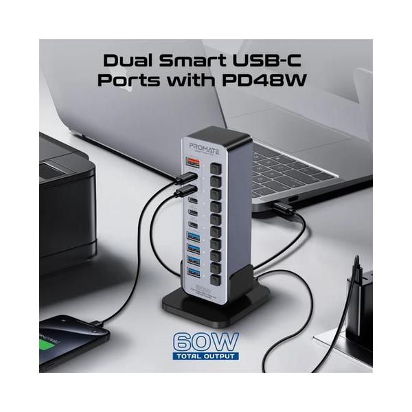 Promate GegaTower-60W Fast Charge Multi-port USB-C Tower Hub with 5Gbps Data Transfer