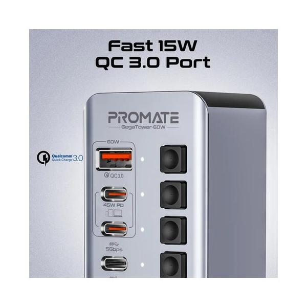 Promate GegaTower-60W Fast Charge Multi-port USB-C Tower Hub with 5Gbps Data Transfer