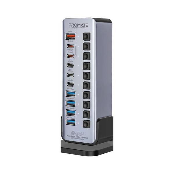 Promate GegaTower-60W Fast Charge Multi-port USB-C Tower Hub with 5Gbps Data Transfer