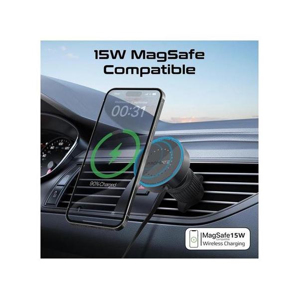 Promate MagDrive-R 15W MagSafe Compatible Car Wireless Charger with Retractable Cable