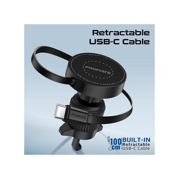 Promate MagDrive-R 15W MagSafe Compatible Car Wireless Charger with Retractable Cable