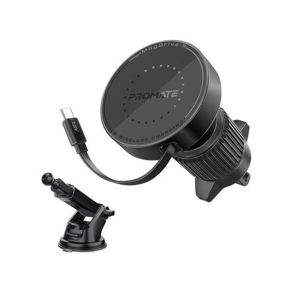 Promate MagDrive-R 15W MagSafe Compatible Car Wireless Charger with Retractable Cable