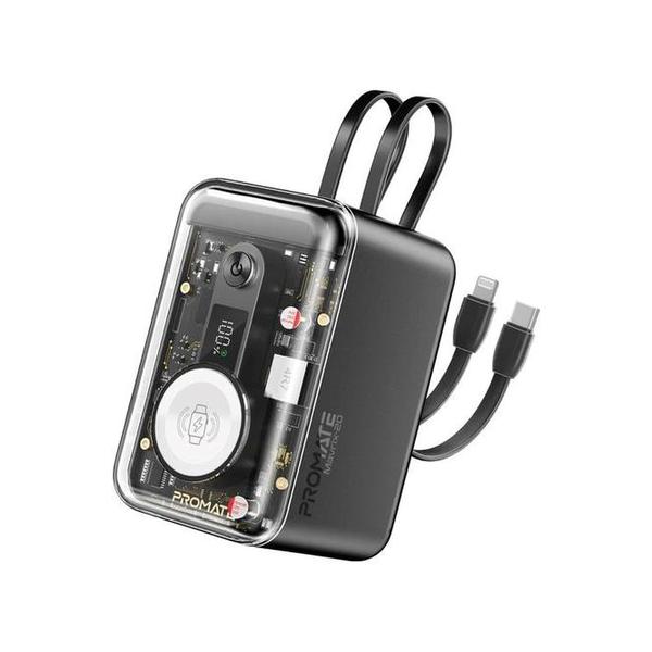 Promate Mavrix-20 65W Multi-Device Charging Transparent Power Bank with Built-In USB-C & Lightning Cable