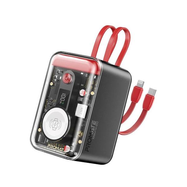 Promate, Mavrix 35W Transparent Smartphone and Apple Watch Charging Power Bank with USB-C & Lightning Cable - MAVRIX