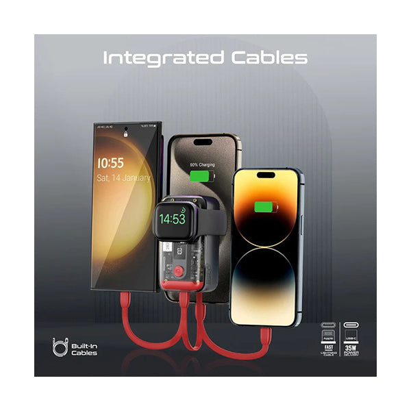 Promate, Mavrix 35W Transparent Smartphone and Apple Watch Charging Power Bank with USB-C & Lightning Cable - MAVRIX
