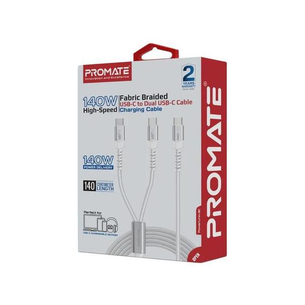 Promate PowerLink-3C 140W High-Speed Fabric Braided USB-C to Dual USB-C Charging Cable