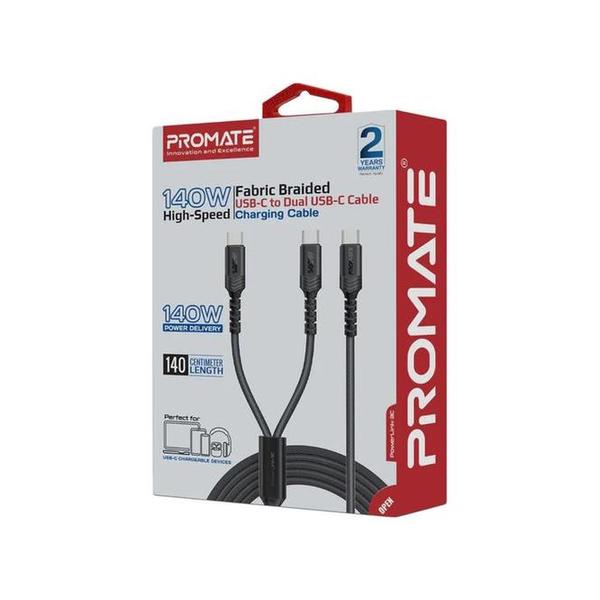Promate PowerLink-3C 140W High-Speed Fabric Braided USB-C to Dual USB-C Charging Cable