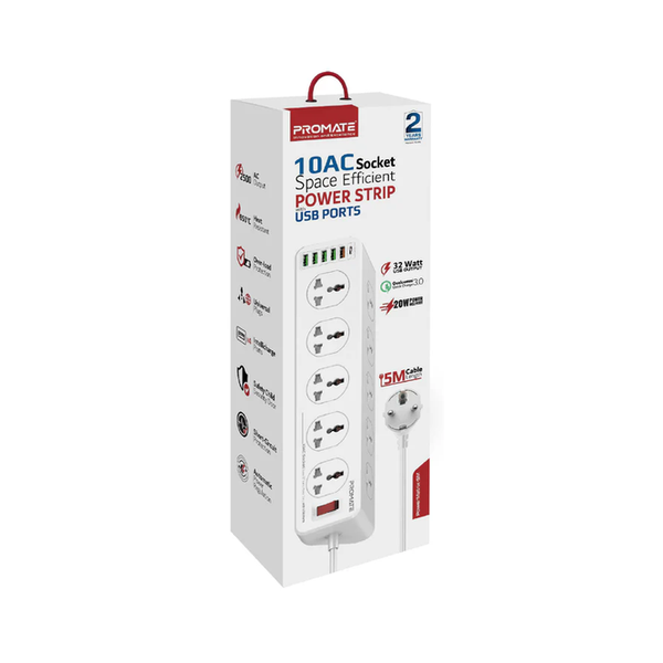 Promate PowerMatrix-5M 10AC Socket Space Efficient Power Strip with USB Ports