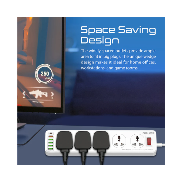 Promate PowerMatrix-5M 10AC Socket Space Efficient Power Strip with USB Ports