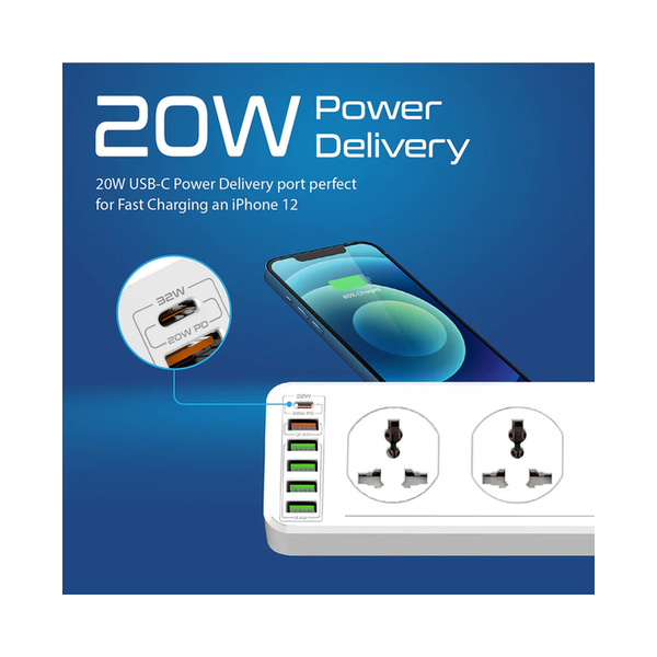 Promate PowerMatrix-5M 10AC Socket Space Efficient Power Strip with USB Ports