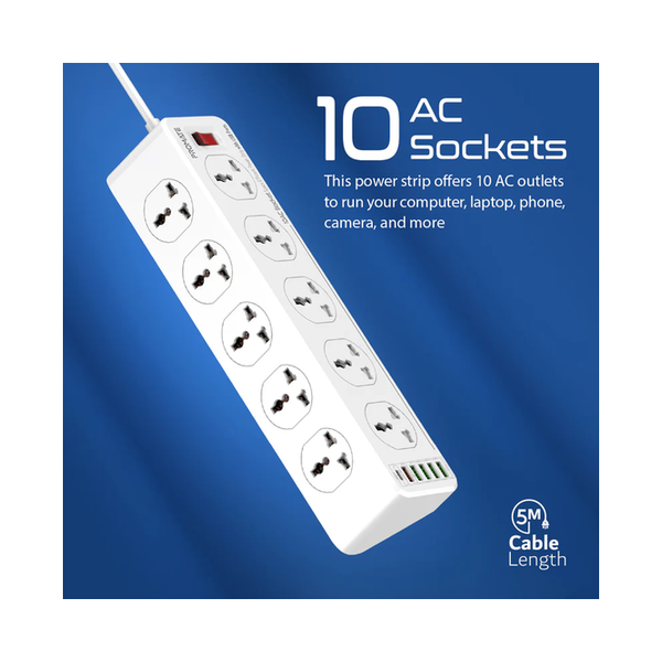 Promate PowerMatrix-5M 10AC Socket Space Efficient Power Strip with USB Ports