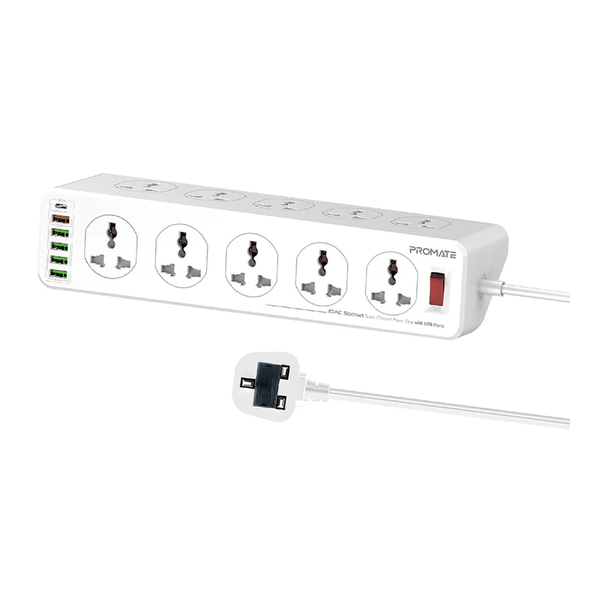 Promate PowerMatrix-5M 10AC Socket Space Efficient Power Strip with USB Ports