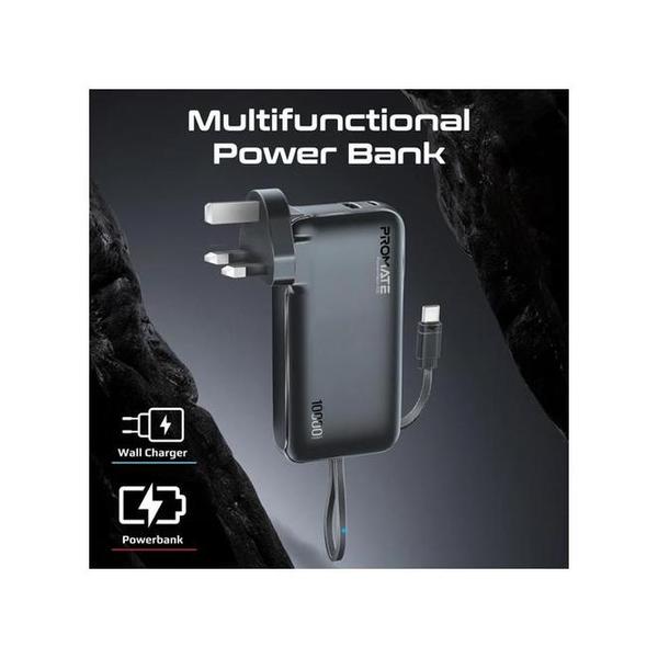 Promate PowerPack-10C Ultra-compact-Fast Charging Power Bank with AC Charger & Built-In USB-C Cable
