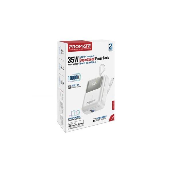 Promate, PowerPod-10 Ultra Compact 35W SuperSpeed™ Power Bank with Built-In USB-C Cable - POWERPOD-10