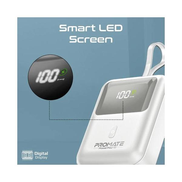 Promate, PowerPod-10 Ultra Compact 35W SuperSpeed™ Power Bank with Built-In USB-C Cable - POWERPOD-10