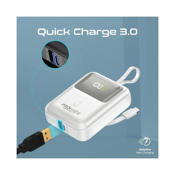 Promate, PowerPod-10 Ultra Compact 35W SuperSpeed™ Power Bank with Built-In USB-C Cable - POWERPOD-10