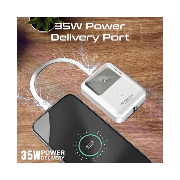 Promate, PowerPod-10 Ultra Compact 35W SuperSpeed™ Power Bank with Built-In USB-C Cable - POWERPOD-10