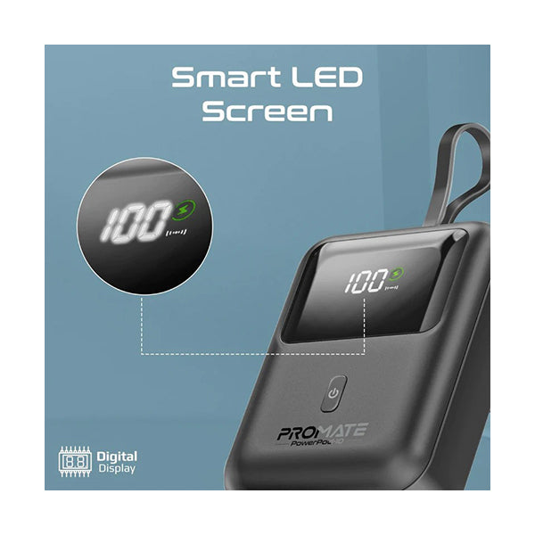 Promate, PowerPod-10 Ultra Compact 35W SuperSpeed™ Power Bank with Built-In USB-C Cable - POWERPOD-10