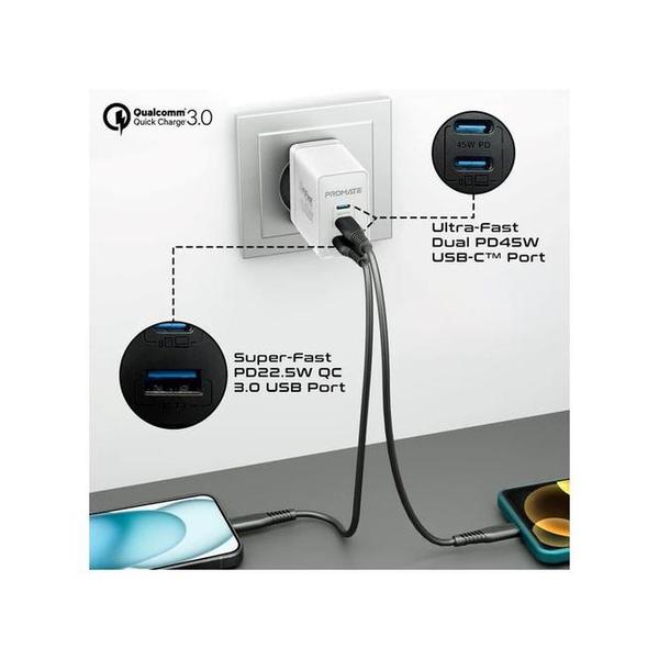 Promate PowerPort-45 45W Power Delivery GaNFast Charger with Quick Charge 3.0