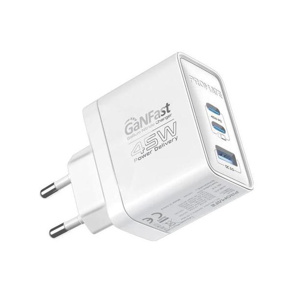 Promate PowerPort-45 45W Power Delivery GaNFast Charger with Quick Charge 3.0