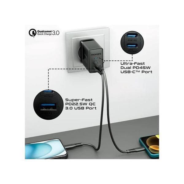 Promate PowerPort-45 45W Power Delivery GaNFast Charger with Quick Charge 3.0