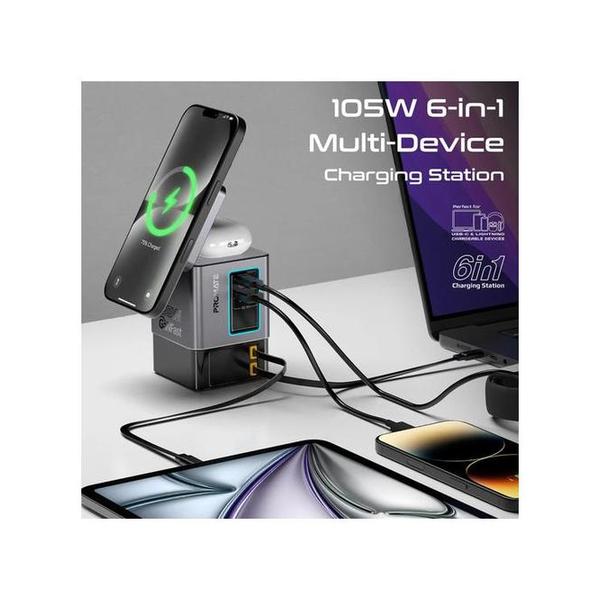 Promate PowerSync-105 105W GaNFast Multi-Port Wireless Charging Station with Dual Retractable Cables