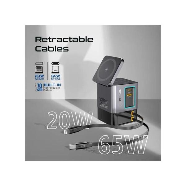 Promate PowerSync-105 105W GaNFast Multi-Port Wireless Charging Station with Dual Retractable Cables