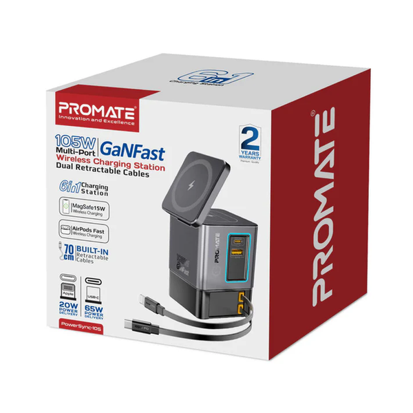 Promate PowerSync-105 105W GaNFast Multi-Port Wireless Charging Station with Dual Retractable Cables