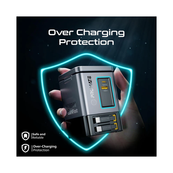 Promate PowerSync-105 105W GaNFast Multi-Port Wireless Charging Station with Dual Retractable Cables