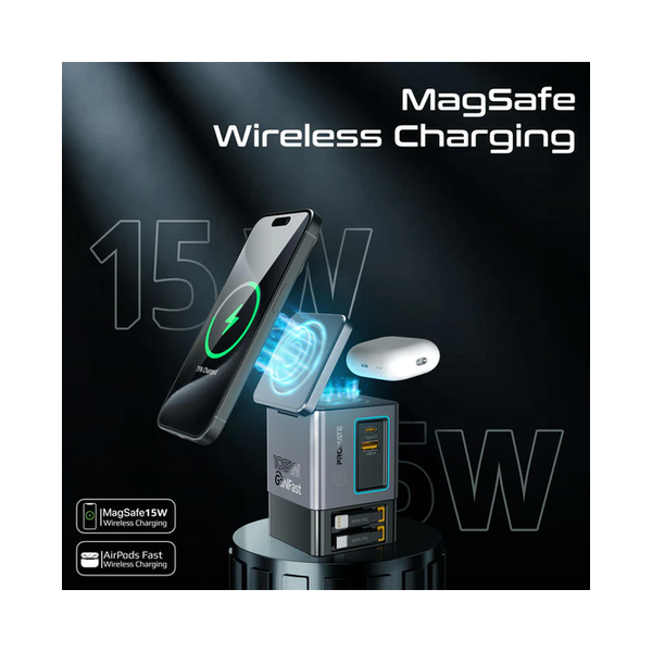 Promate PowerSync-105 105W GaNFast Multi-Port Wireless Charging Station with Dual Retractable Cables