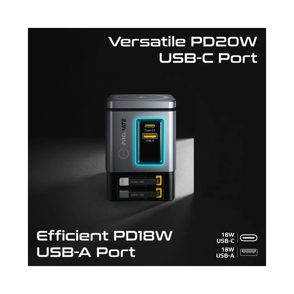 Promate PowerSync-105 105W GaNFast Multi-Port Wireless Charging Station with Dual Retractable Cables